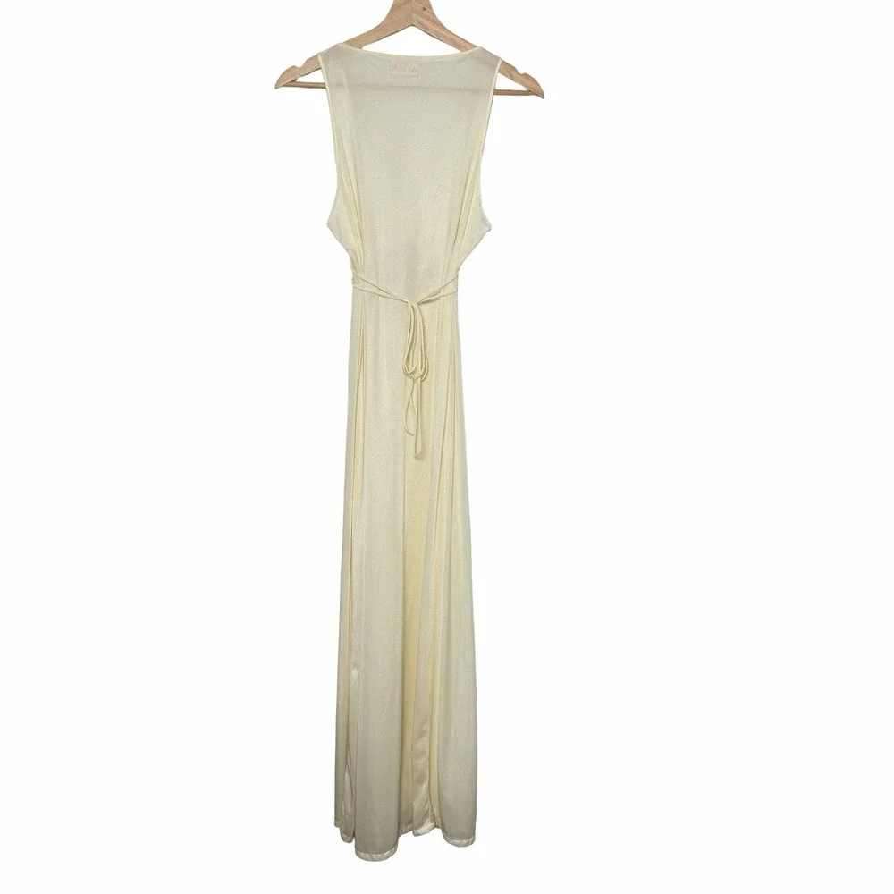 VTG 70s Avian Nightgown Maxi Dress Womens L Beige Embroidered Cutout Nylon